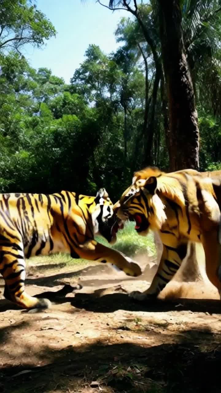 Majestic tiger with vibrant orange stripes powerful lion with a flowing golden mane engage in a fierce battle fierce roars echoing through dense jungle vibrant emerald foliage swaying underfoot dust swirling as they clash golden sun filters through treetops illuminating their muscular bodies tension palpable in the air primal instincts unleashed amidst an arena of wild nature breathtaking scenery showcasing raw power and survival instinct