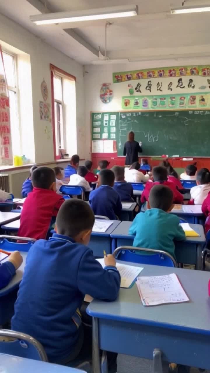 eager eyes Vibrant classroom filled with colorful posters framed by large windows strt Quiet whispers of chalk against blackboard enhance atmosphere of learning