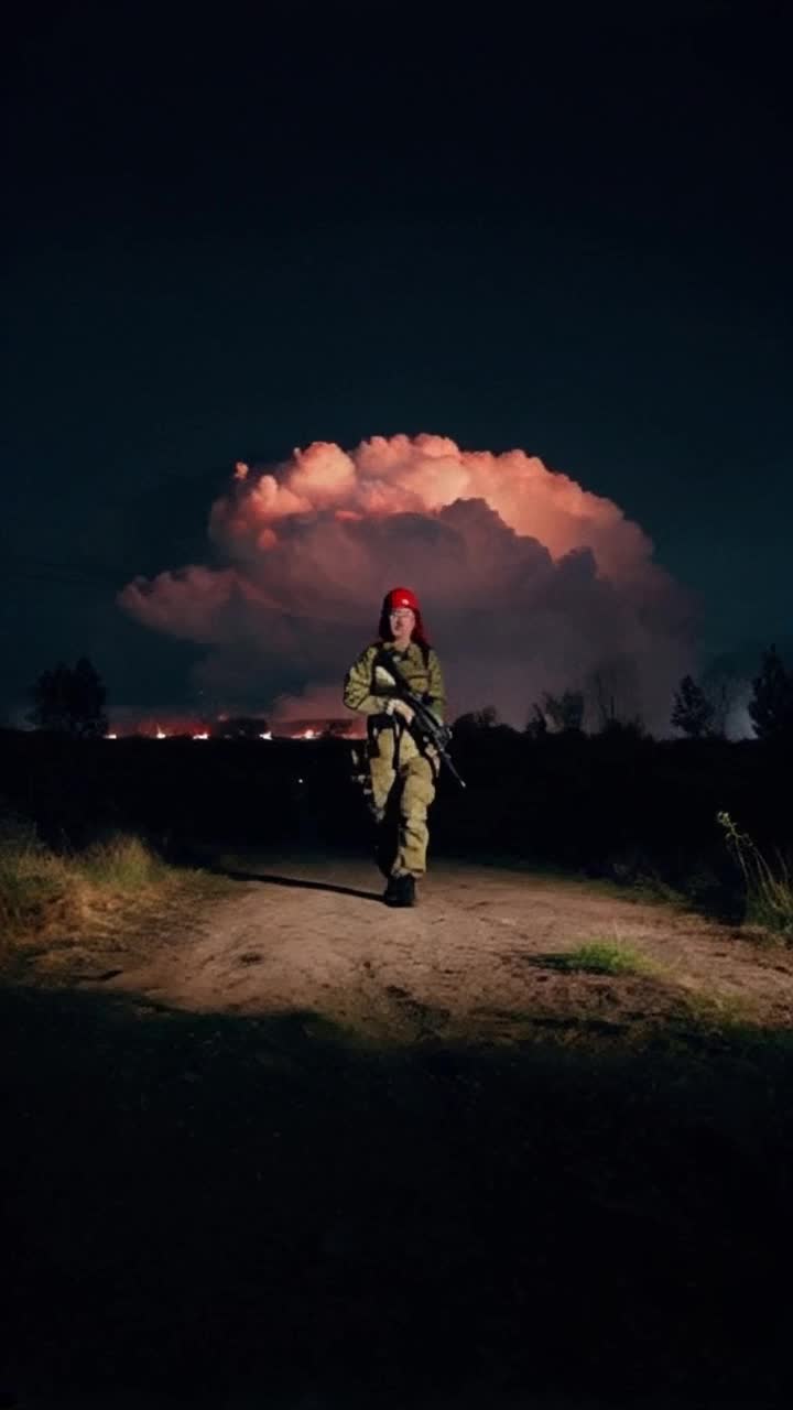 A beautiful redheaded woman, marching to war, world War 2 gear being worn, tired yet determined look on her face, background a dark tornado blows past