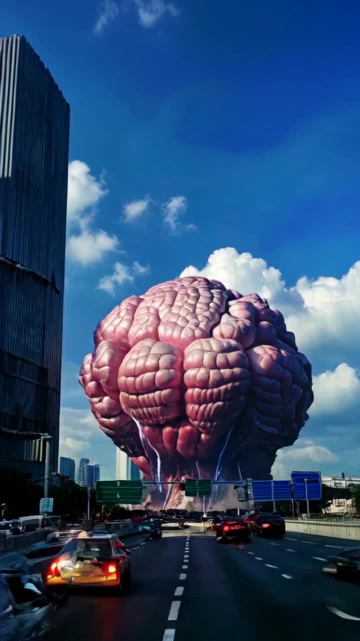 Giant pulsating brain pulsating with electric energy towering over vehicles on a busy freeway  Vehicles honking and swerving as they navigate around this colossal organ  Sunlight glinting off its smooth surface casting surreal shadows on asphalt  Skyscrapers looming in the background framing this bizarre scene against a vibrant blue sky dotted with fluffy white clouds
