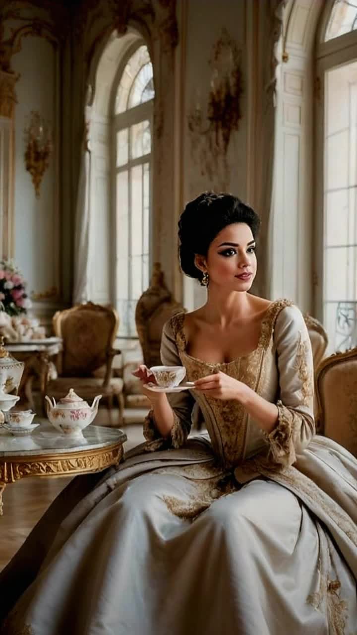 Graceful woman in a flowing silk gown delicately lifts her porcelain teacup towards her lips savoring the warmth emanating from the steaming tea swirling with aromatic steam Sunlight filters through an ornate window casting soft shadows across finely set table adorned with blooming flowers and delicate pastries Bright colors of spring fill the scene as birds chirp outside creating a serene atmosphere perfect for quiet reflection