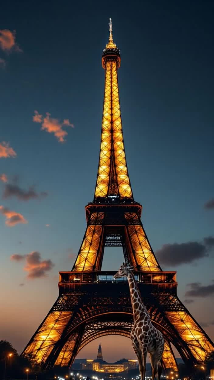 Giraffe standing in front of Eiffel Tower 