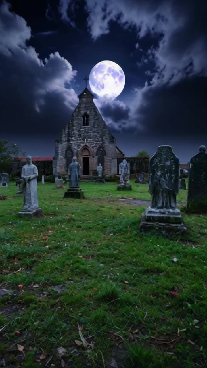 An ancient misty weed choked graveyard with an ancient stone church in Ireland the graveyard has beautiful marble moss covered stone statuary coming to life walking around the sky is a dramatic and holds a beautiful full moon