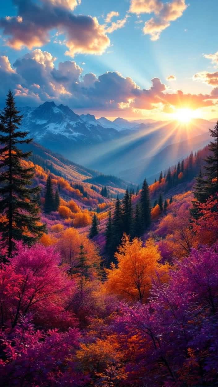 A brilliant sunset glitters against the multicolored golden violet hues of various maples and birches with interspersed evergreens among rolling hills cleft into mountains, sun ray beams sift through fluffy cumulus clouds reflecting the colors of trees and sky