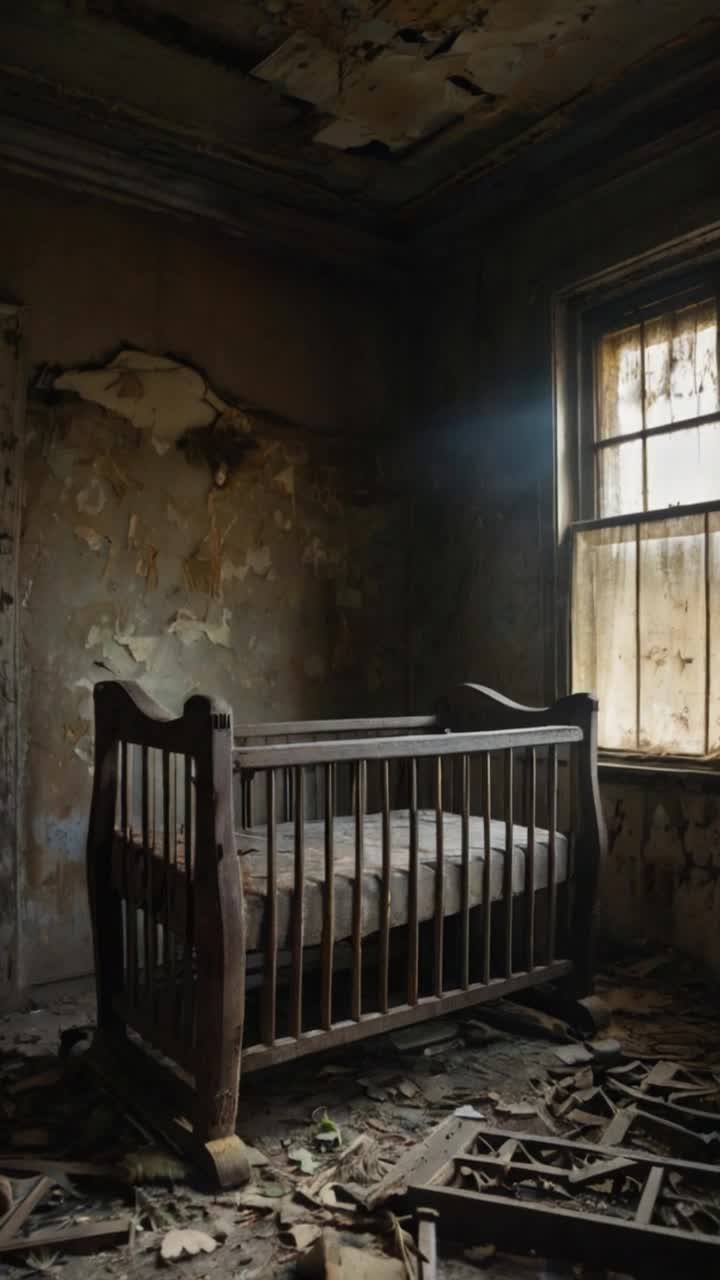 a decaying room filled with forgotten objects a dusty cradle,