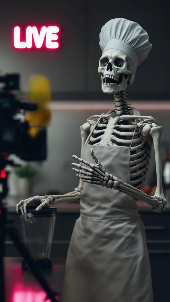 A skeleton wearing a white apron over a chef uniform and jaunty chef hat is in a sleek and modern kitchen in front of a television camera where a camera skeleton man gives a skeletal thumb up that they are an the air, live as a neon sign over the skeleton camera man suggests   The skeleton chef has just chopped up a bunch of vegetables to make a smoothie with, setting the knife down on the countertop , the skeleton scoops the chopped veggies with one skeletal hand into the other and drops the chopped veggies into the blender and the hand holding the vegetables falls into the blender, too   The skeleton pauses with a grimace, looks at the viewer and gives an awkward, embarrassed smile,  reaches down into  the blender with the other skeletal hand to grab the fallen skeleton hand out and reattach back to the wrist, then waves that everything is okay, even making the okay sign with the reattached skeleton hand