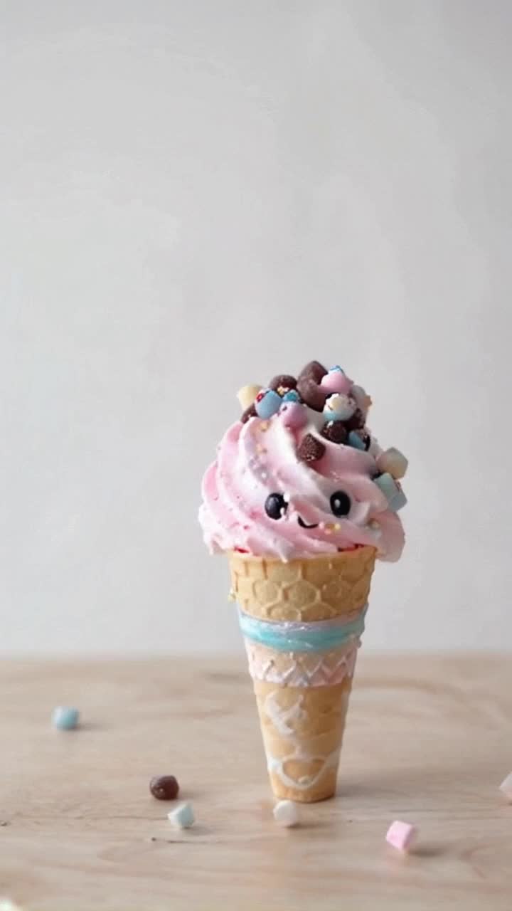 Kawaii ice cream cone with oversized sparkling eyes and an adorable smile rests on a light wooden table Colorful pastel swirls of pink blue white cream create a dreamy appearance Gently bright candycoated chocolate falls from the cone with soft ASMR sounds of delicate taps and subtle crunches Each candy piece lands softly with a charming little sound Ice cream grins happily winks slowly sways lightly as if brimming with joy Minimalist background exuding soft lighting creates an enchanting serene atmosphere