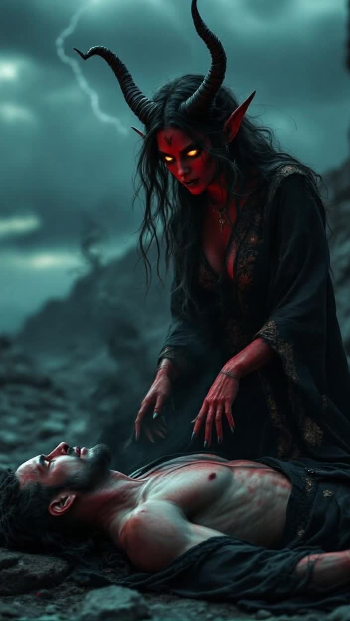 A beautiful devil woman draining the soul from a man
