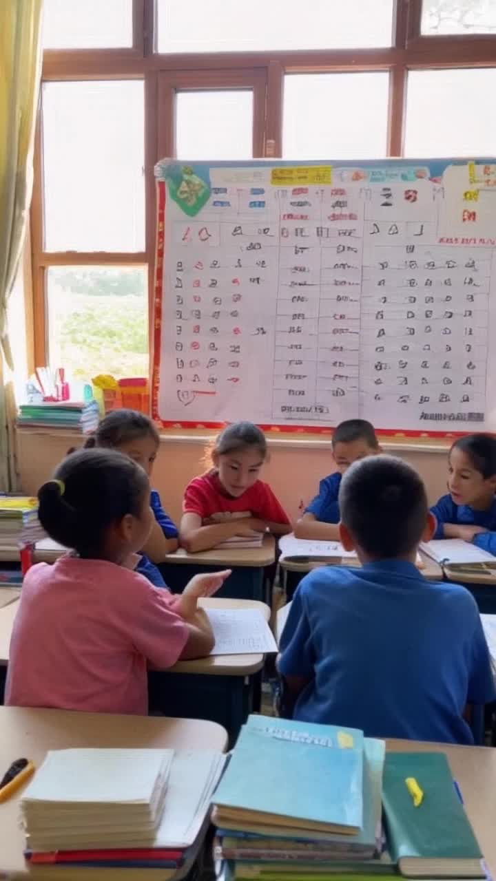 Students bursting with enthusiasm focused on an intricate chart displaying a vibrant array of English pronouns pens dancing swiftly across colorful pages curiosity sparkling in their wide eyes. Sunlight pours through large windows illuminating their engaged faces creating a warm atmosphere filled with lively chatter. Brightly colored posters on the walls inspire learning while neatly organized desks hold stacks of books and supplies. Occasionally, a gentle breeze flutters through the open window bringing in a whisper of nature’s sounds outside adding to the energizing ambiance of discovery and creativity in this lively educational haven