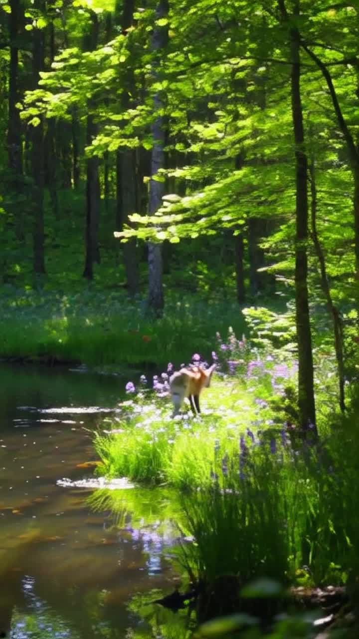 Forest, vibrant flowers in bloom, a playful fox darting through lush greenery, sunlight filtering through tall canopy, birds chirping melodiously amidst rustling leaves, a gentle breeze creating ripples on a serene pond surface