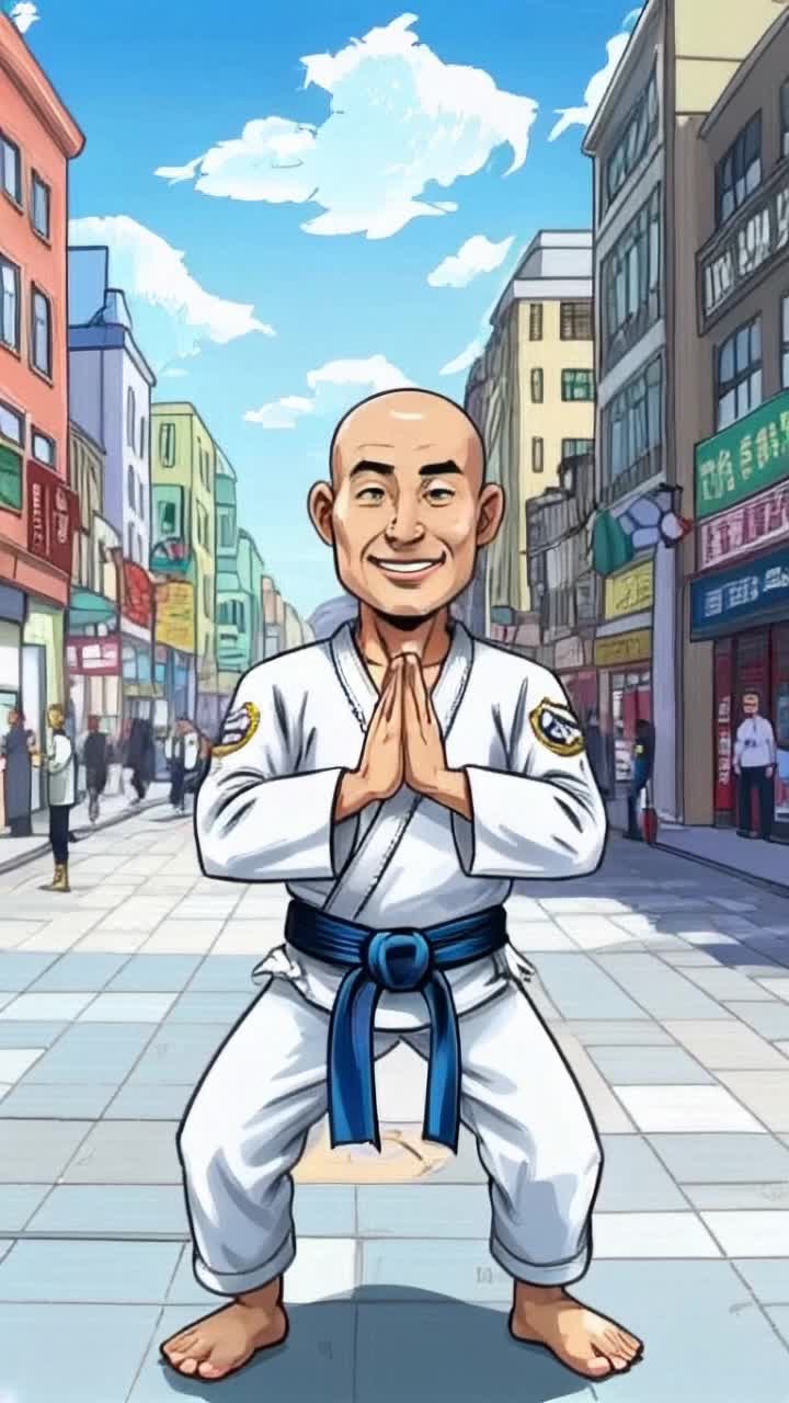 cartoon comic bald Asian man wearing white karate outfit bowing proudly in the middle of cartoon comic city streets