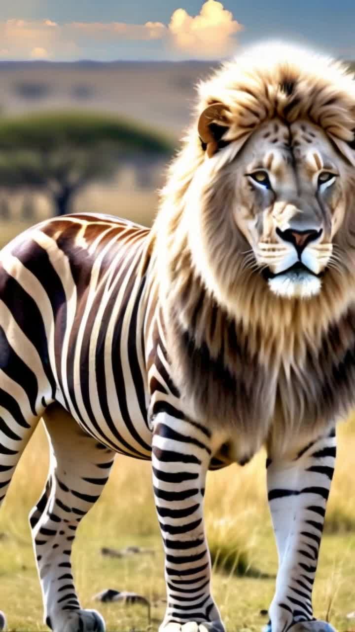 ZION lion with zebra stripes as given in the picture , make the picture move, Zion running and roaring 