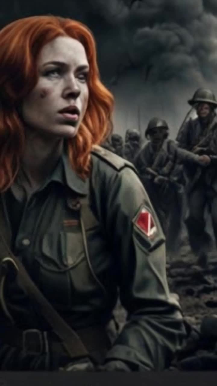 A beautiful redheaded woman, World War 2 battlefield, beautiful redheaded woman, she sits as they walk by in mud, shes outside in battle with them, shes in dispair