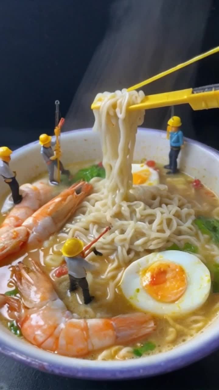 A miniature construction crew is actively working in a vibrant bowl of ramen, with one figure precisely using a miniature shovel to adjust the noodles, while another, suspended from a crane, expertly lifts strands of ramen high above The steaming broth glimmers, showcasing shrimp and softboiled eggs, while surrounding decorative elements hint at an enchanting Asian setting, enhancing the whimsical atmosphere of this culinary scene