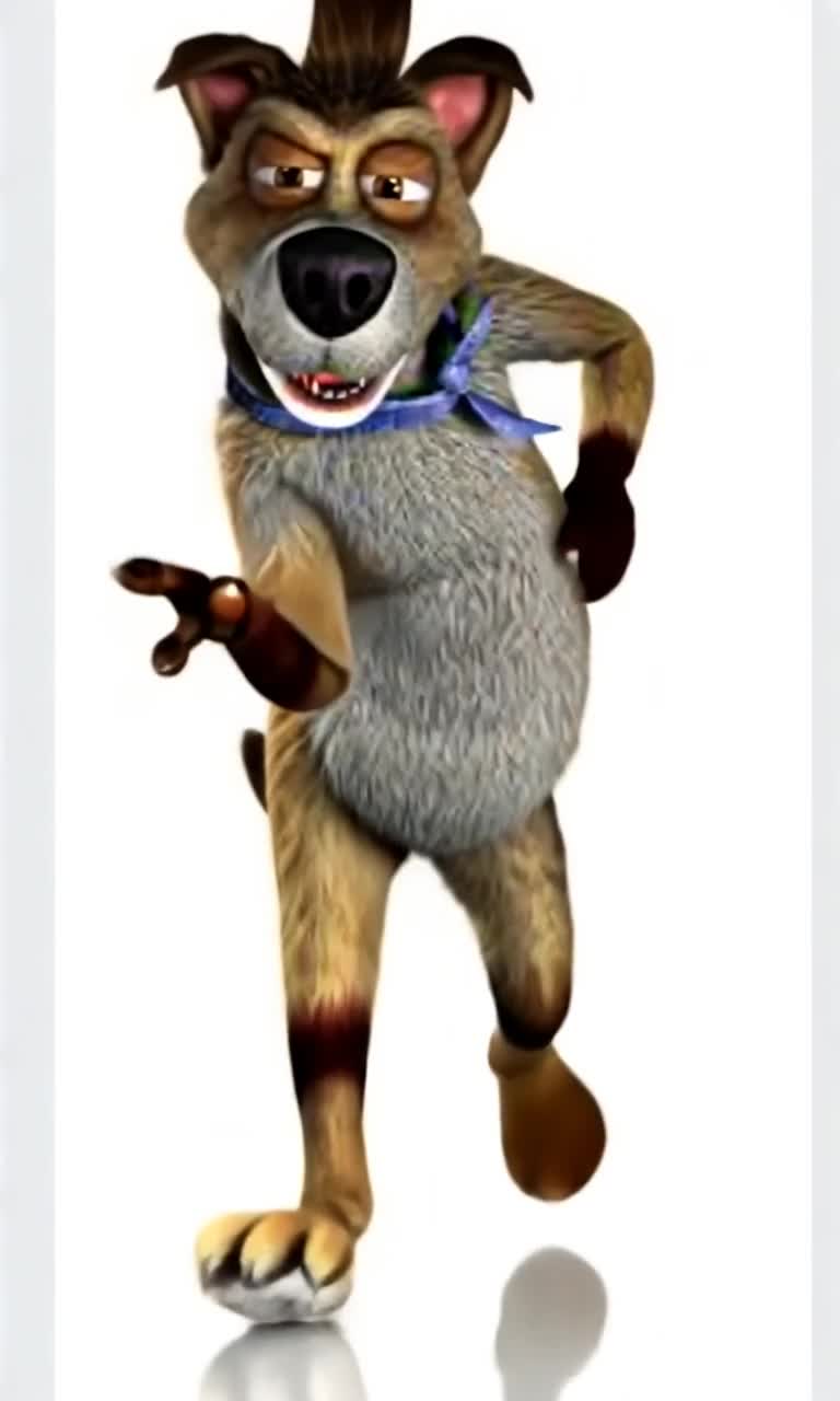 An anthropomorphic dog character starts walking towards the camera, getting closer and closer to it