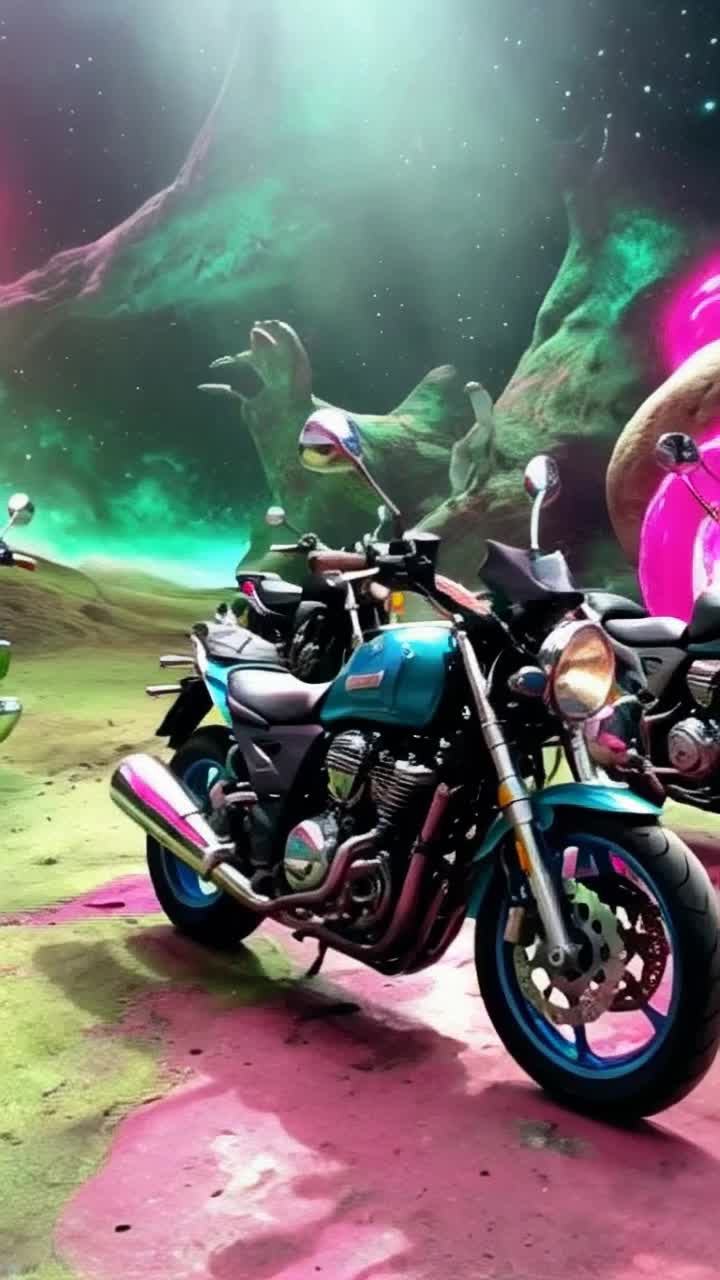 Future motorcycles imagined by Surrealist Salvador Dali, inconsequential adorable critters in alien landscape Alien Martian World  with muted psychedelic colors, otherworldly zoological elements, fantastical fantasy alf, gonzo, grimace, cookie monster, motorcycle of dreams