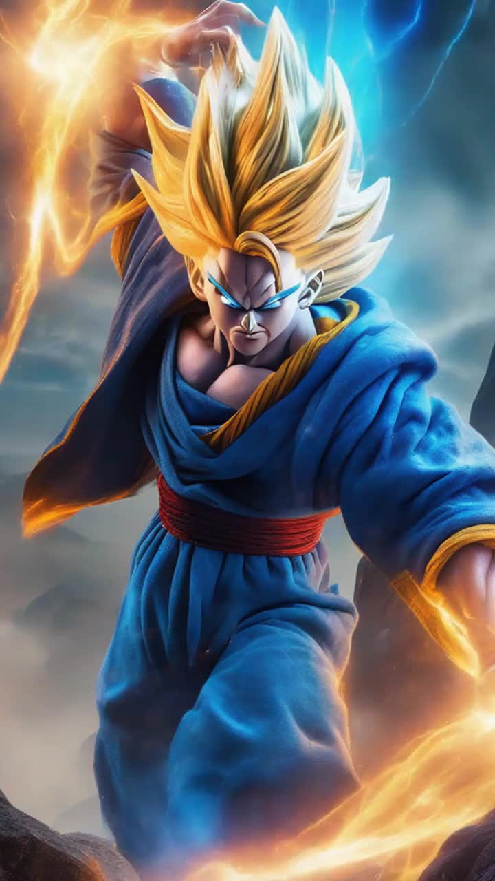 Bold, Cinematic, Explodes, Dynamic Motion, Red gel lighting, Low angle, chosen super Saiyan warrior from the 7th dimension with spikey hair radiating atomic blue energy battles demons and witches then hero poses and flexes his muscles 