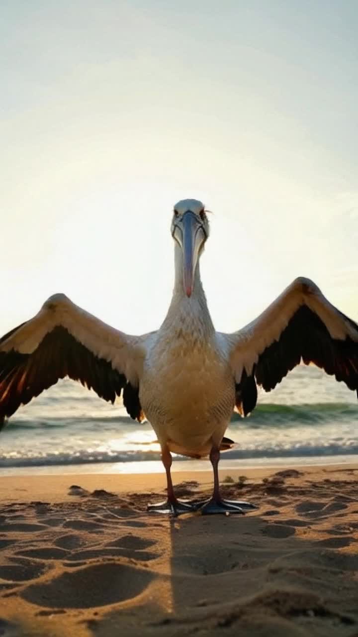 Majestic pelican with radiant feathers shimmering in sunlight Eyes sparkling with joy Strikes a playful pose gracefully flapping wings Inviting gentle summer breeze to dance around it Lush coastal landscape in vibrant colors Waves shimmering under golden sunsoft sands glistening with warmth Birds soaring playfully above creating a vivid paradise