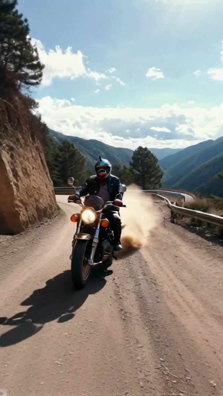 Vibrant animated rhino adorned with leather jacket and goggles speeds down winding mountain roads on a classic Indian touring bike kicking up dust behind vibrant wheels Sunlight dapples through lush green trees as the bike roars around stunning cliffside turns revealing breathtaking panoramic views of rolling hills Clouds drift lazily overhead creating a serene atmosphere that contrasts with the exhilarating thrill of the ride Rhythmic engine growl harmonizes with natures symphony as this adventurous rhino embraces the freedom of the open road amidst the majestic beauty of Tennessees mountainous landscape