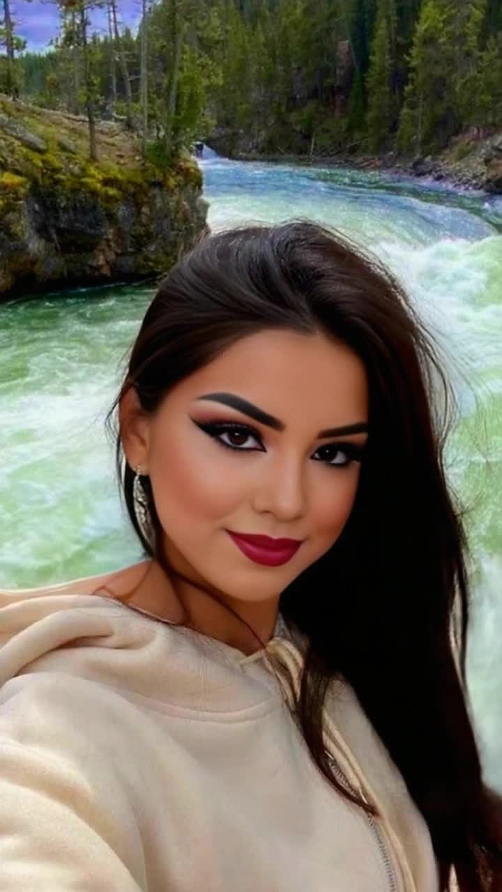 Graceful woman in flowing pastel dress standing by shimmering river her hair dancing with gentle breeze glistening sunlight cascading over water creating a mesmerizing sparkle delicate wildflowers dotting riverbank vibrant green trees framing serene scene wisps of clouds floating lazily in brilliant blue sky inviting tranquilityjet