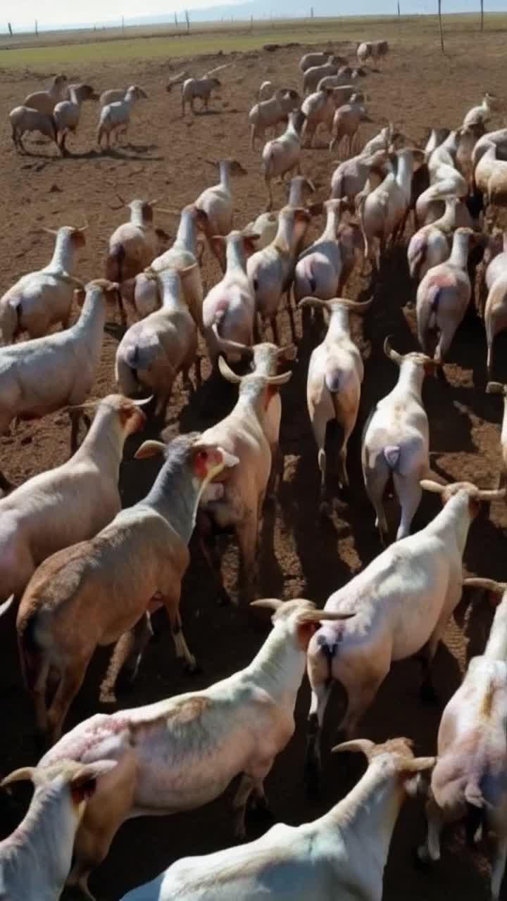 A very large herd of rams, almost continuously, like a river, was walking towards us, circling everything in its path Surrealism and hyperdetailed video is the best in terms of content