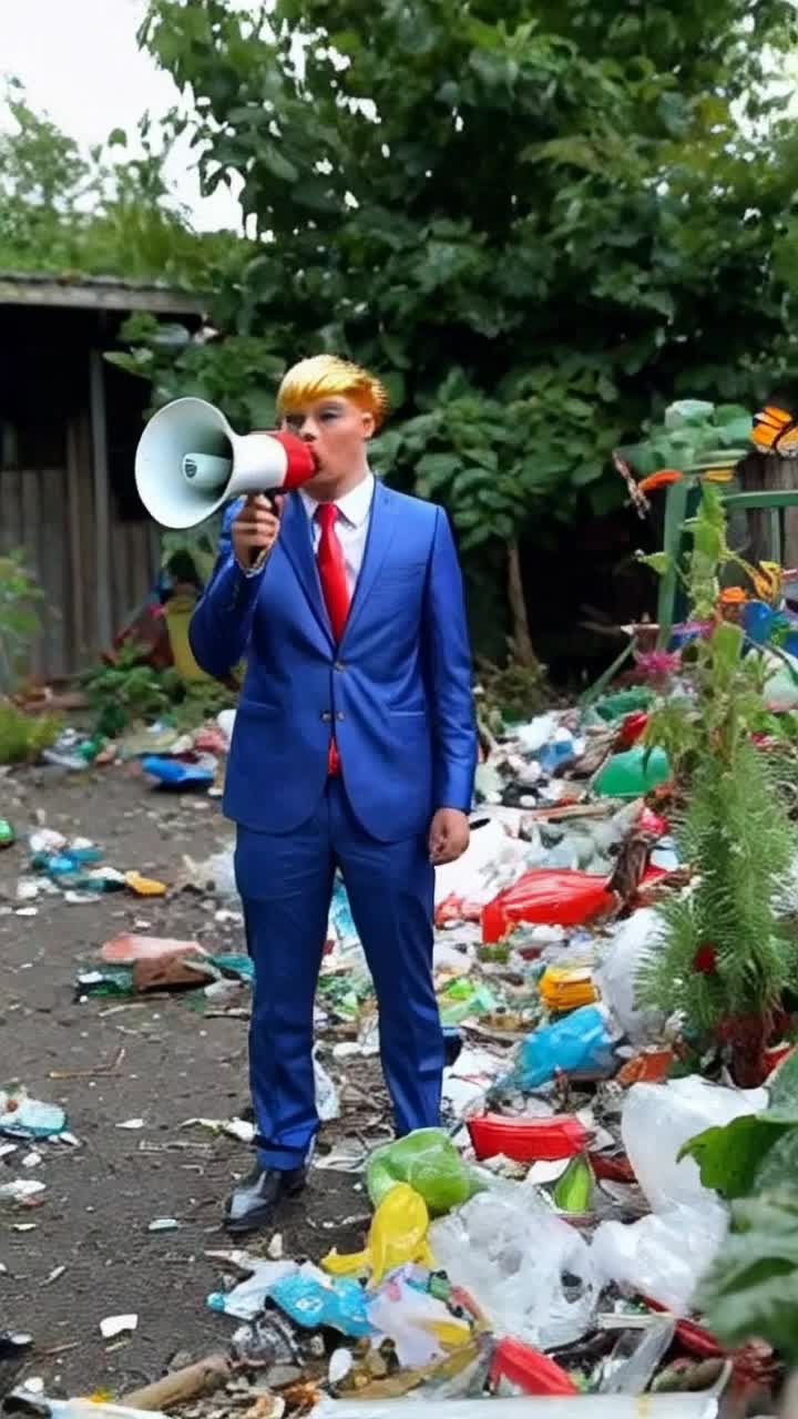 Maggot with shimmering golden hair strikingly dressed in a sharp blue suit and vibrant red tie stands confidently grasping a large megaphone Loudly expressing disdain for a chaotic trashfilled garden overflowing with discarded refuse and wilting plants Vibrant colors of decay contrast with maggots stylish appearance as fluttering butterflies and curious critters peek from behind bright plastic debris