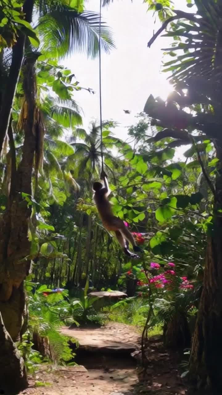 Cheeky monkey swinging playfully through lush green jungle vines vibrant tropical flowers blooming around vivid butterflies dancing in the air colorful parrots perched nearby sunlight filtering through dense canopy casting playful shadows on the forest floor