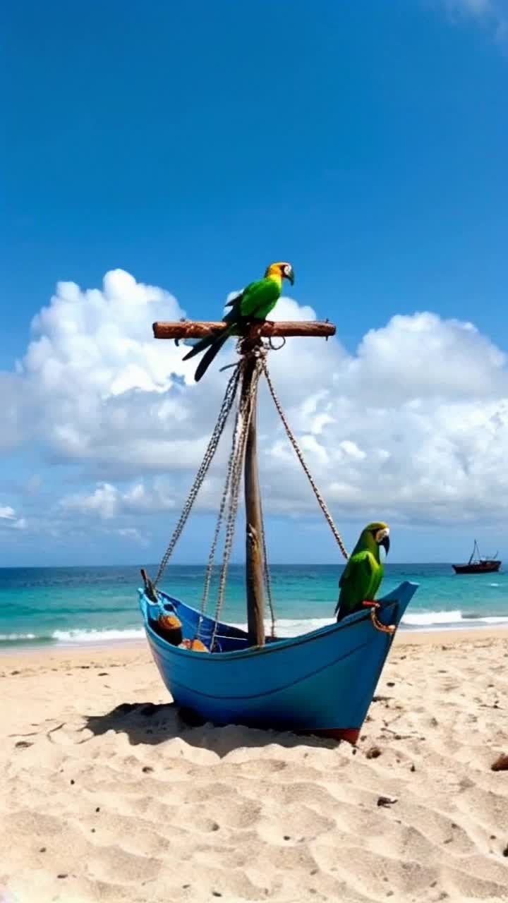 Ship in a bottle, details, colors, sandy beach , paper green parrots flying around the crows nest, whatever