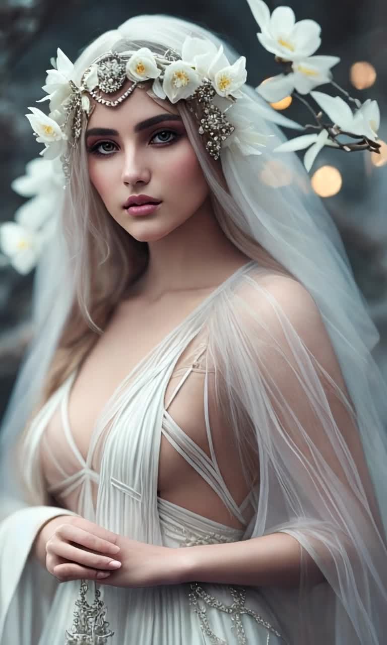 Majestic high priestess adorned in flowing robes vibrant fabrics surrounded by radiant flowers and shimmering foliage Wanders gracefully through her enchanted garden searching for solace beneath a sky filled with soft golden light