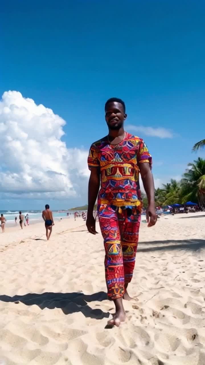 A tall confident black man strolling along a vibrant sandy beach sparkling under the golden sun shimmering on gentle turquoise waves crashing softly on shore Playful seagulls soaring above as he pauses to take in the breathtaking view Lush palm trees swaying in the warm tropical breeze creating a peaceful atmosphere Brightly colored beach umbrellas dotting the landscape bustling with joyful families and friends enjoying the sun Laughter and cheerful chatter in the background adding a lively soundtrack to this idyllic coastal scene Vibrant African patterns woven into his attire reflecting cultural pride as he walks with purpose
