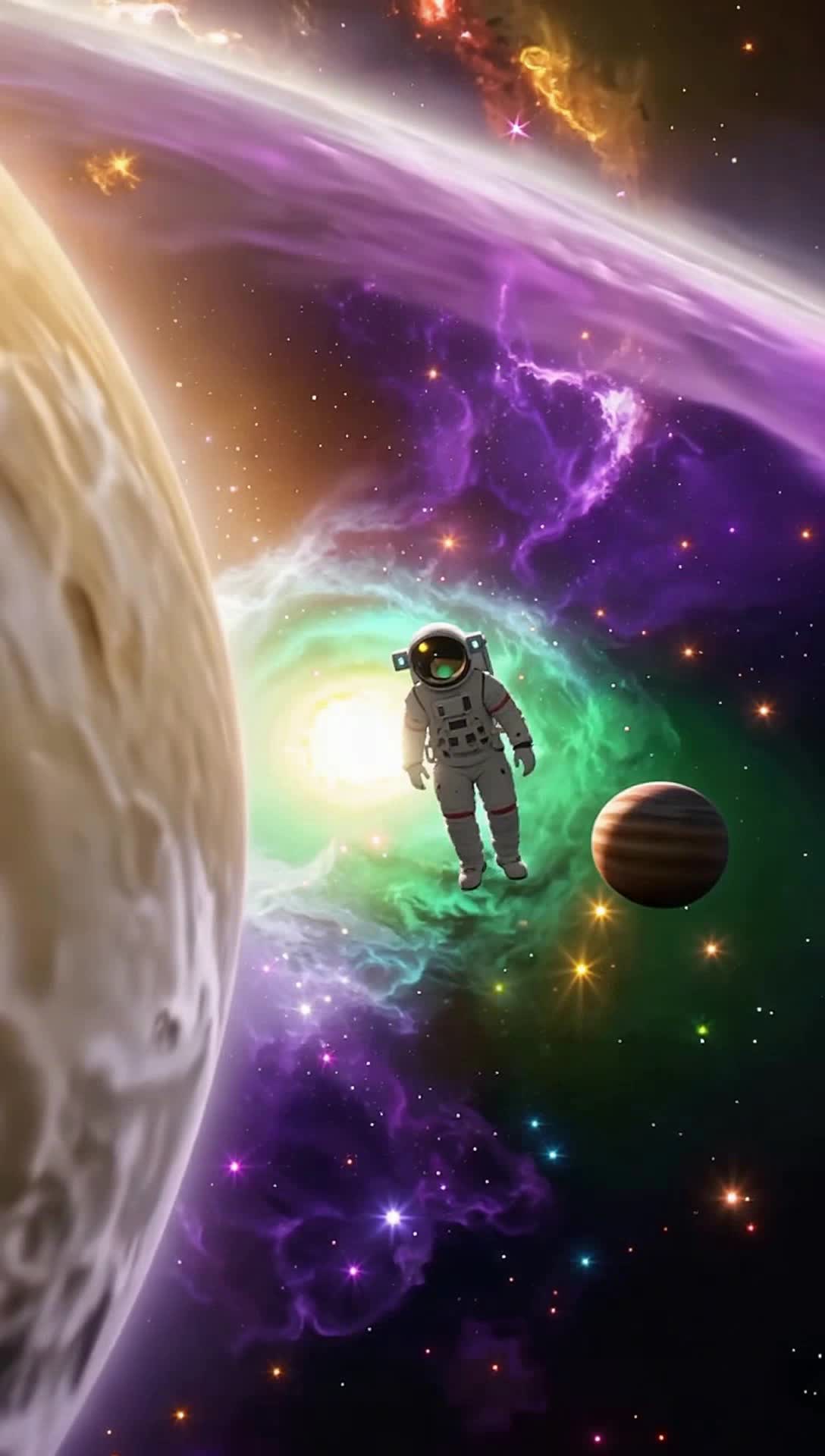 Lone astronaut gliding weightlessly through swirling cosmic colors Radiant galaxies pulsating with hues of violet emerald and gold Surrounding stars twinkling like distant dreams Soft lofi beats echo through the vastness creating a serene atmosphere Floating gently past celestial bodies drifting through a tranquil universe infused with artistic wonder