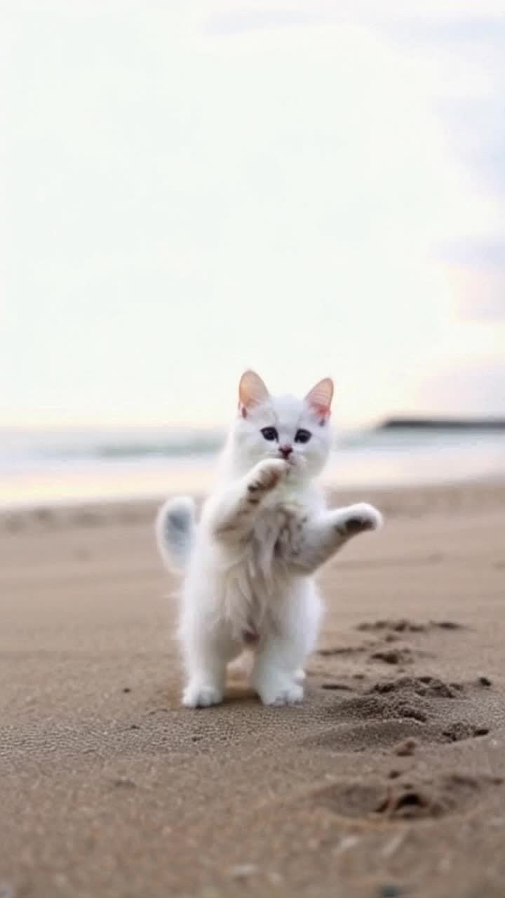 A little cute white kitten in fancy dress  doing great dance  on beach 