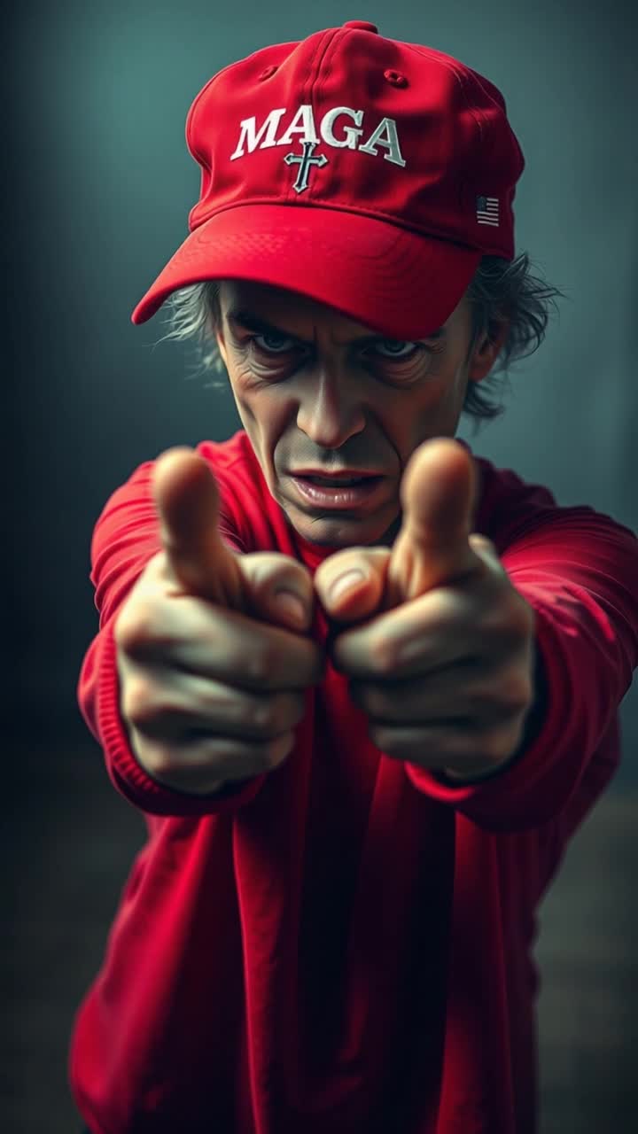 Angry lunatic frothing at the mouth as he grins feverishly and barks angry hate slurs while forcefully pointing towards you aggressively, he is expressing his political pseudoreligious freedoms, horror film atmosphere of the end of American ddemocracy 