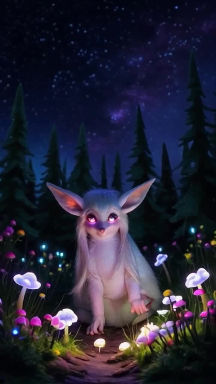 Whimsical longeared green elf with sparkling eyes and delicate features frolicking through an enchanting forest filled with glowing mushrooms and vibrant flowers under a starlit sky