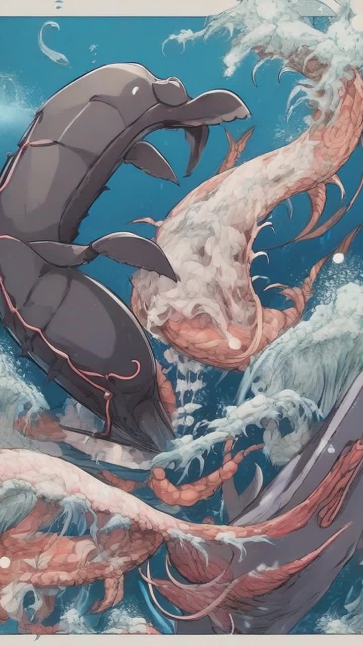 Scorpion mixed with a sperm whale combatting on the other fish in the ocean 