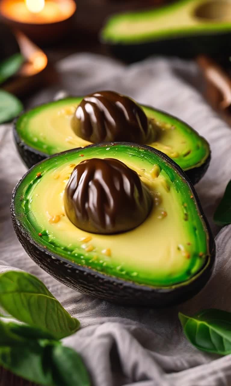 Lush green avocados sliced open revealing creamy interior glistening in sunlight, rich mole sauce oozing beside them creating an enticing swirl, vibrant colors collide in an appetizing dance, tantalizing aroma wafting through warm kitchen air, rustic wooden table serving as a backdrop adorned with fresh herbs and colorful spices, soft flickering candlelight casting shadows that enhance the inviting atmosphere, small bowl filled with mole sauce bubbling gently, gourmet presentation inviting taste buds to indulge in this flavor explosion, culinary masterpiece awaiting delightful consumption