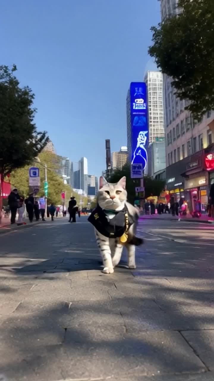 Fluffy feline officer adorned in a crisp police uniform featuring shiny badges and a bright vest inscribed with Police in bold lettering strutting confidently down a bustling city street Tail held high while playfully pawing at passing leaves, showcasing bravery and charm Around, vibrant urban landscape with towering skyscrapers, flashing neon signs, and curious pedestrians stopping to take pictures of this adorable law enforcer Bright blue sky overhead casting playful shadows on the pavement, creating a lively and engaging scene filled with laughter and delight