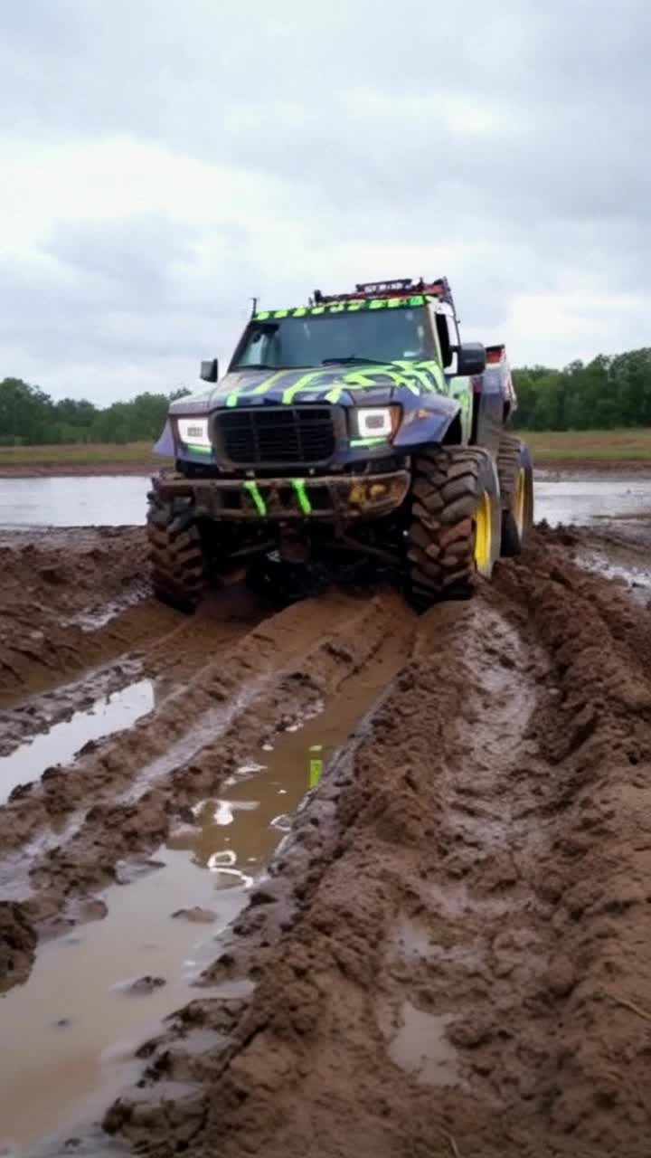 Vibrant monster truck adorned with neon stripes mired in slick deep mud struggling to break free 