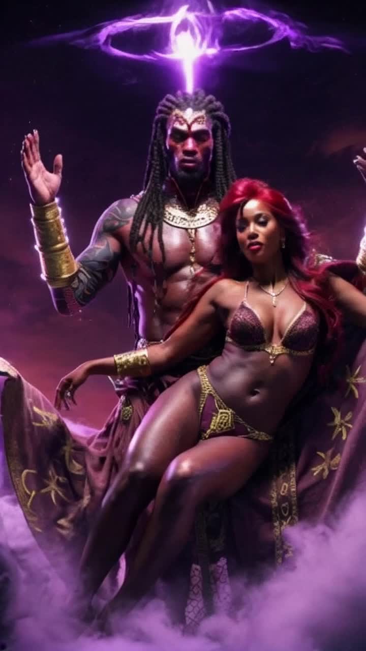 Hybrid male incubus an djinn combination surrounded by shimmering violet and gold light piercing through enveloping darkness long braided hair cascading like silk reciting ancient runes skin adorned with mystic sigils celebrating African Egyptian Creole heritage golden bracers glowing with freedom muscles sculpted radiating power breathing life into his stunning essence languidly beside regal African American queen Jamie dressed in alluring linger fiery red and black hair flowing  skin glowing caramel delight dynamic 4k resolution capturing exquisite details secrets of forgotten vibrantly unfolding around them as they soar they sky  on carpet as he give her oral 