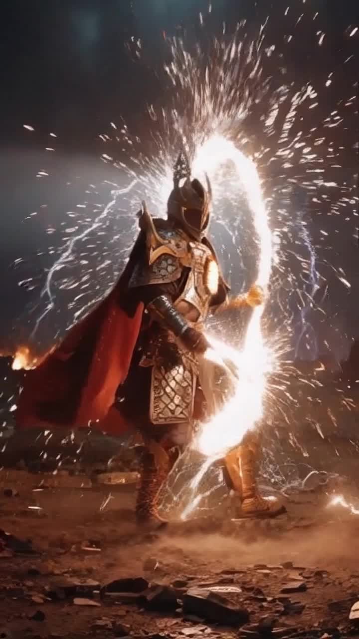 Heroic warrior adorned in intricate battle armor surrounded by sparks of energy. Twirls gracefully through chaos unleashing relentless waves of light. Dark stormy battlefield illuminated by flashes of lightning and swirling shadows