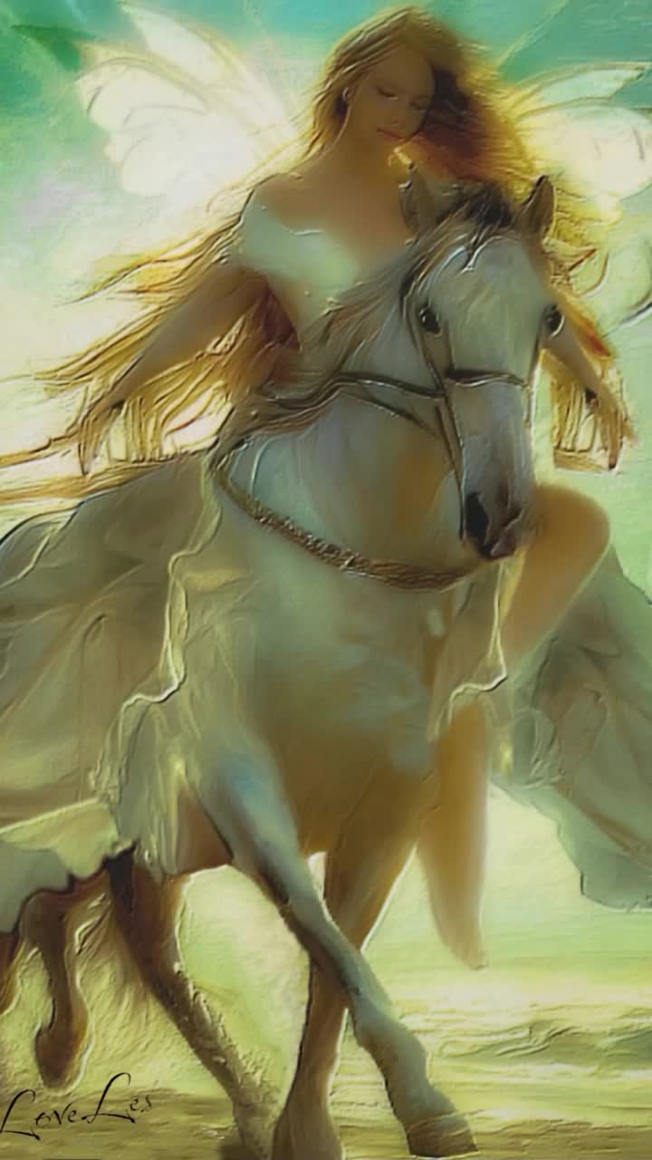 Majestic white horse galloping gracefully lady with flowing long blonde hair adorned in an ethereal white gown twirling in the breeze Dreamy slowmotion scene sparkling golden sand glimmering under bright sunlight expansive sky of deep azure with wispy clouds fairy girl with shimmering golden wings gliding above the shore enchanting atmosphere that feels like a dream magical ambiance of wonder and freedom