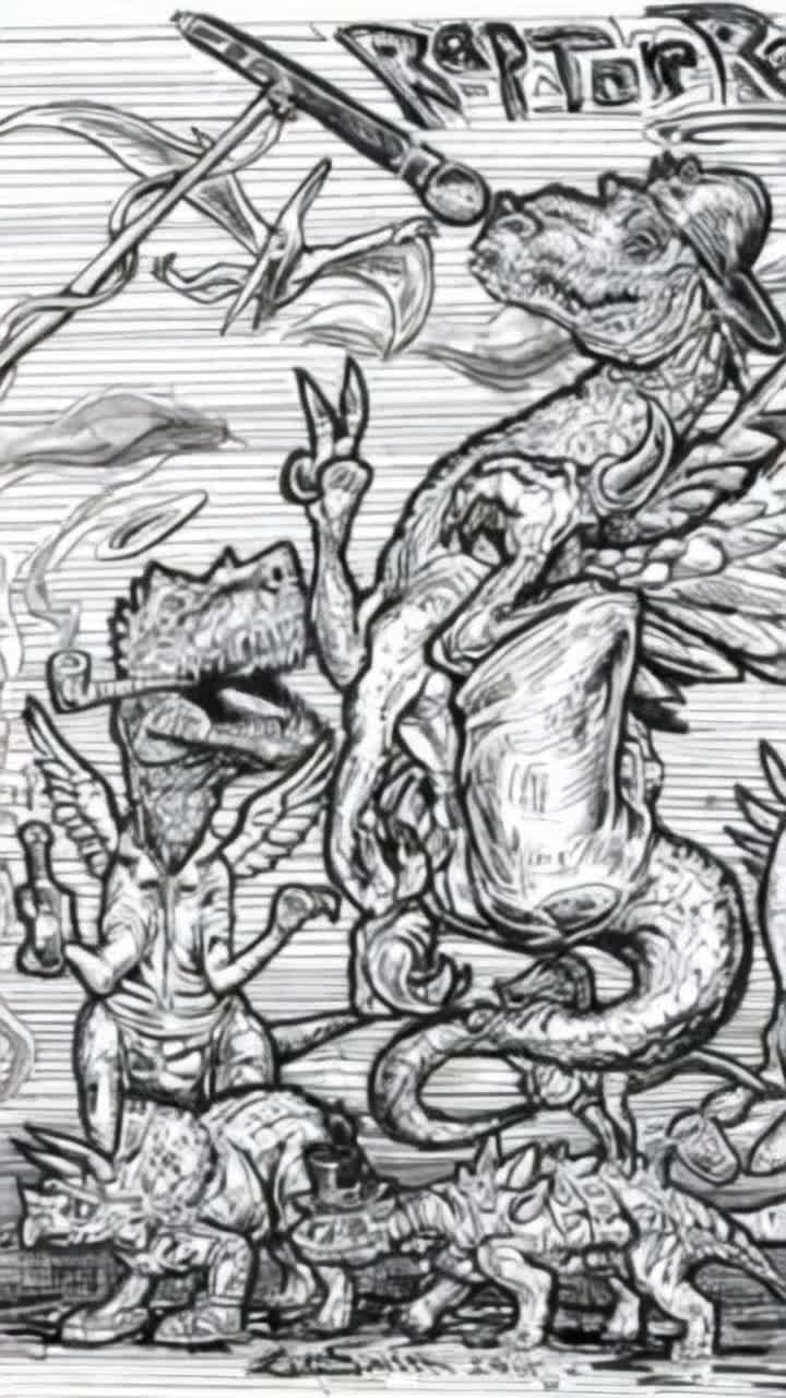 Whimsical dinosaur rap group featuring a TRex spitting bars alongside a Velociraptor bobbing its head and a Triceratops laying down beats Sharing clouds of vibrant tree smoke exhaled from colorful glass instruments in sync with catchy rhythms A retro black and white animated stage adorned with oversized prehistoric plants flickering lights creating a lively atmosphere filled with laughter and playful energy