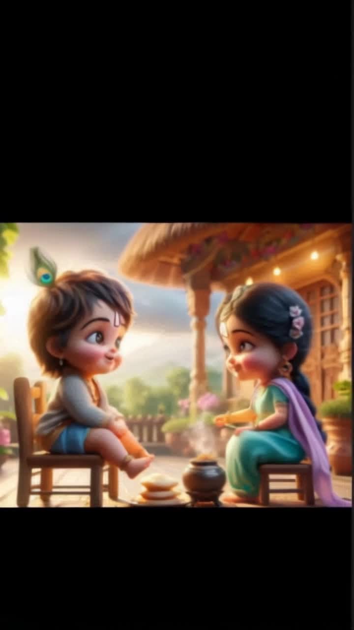 Cute 3D image of Radha and Krishna sitting facing each other and talking to one another and there is something cooking in a pot near them