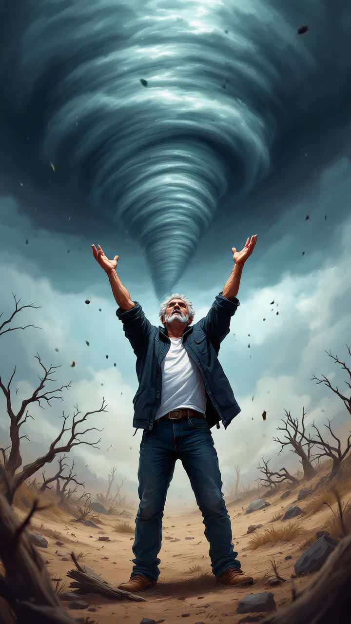 Grey haired hispanic man in his 50s holding his hands in the air to stop a tornado