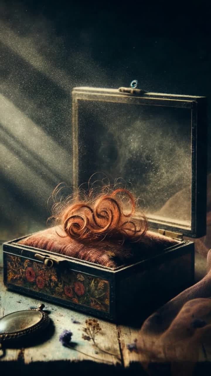 A decaying wooden table lit by dim candlelight Resting atop a faded velvet cushion in an old glass keepsake box, a delicate curl of auburn hair is preserveddry and fragile, yet hauntingly intact The glass is fogged with age and grief Around it, dust swirls in slanted moonlight from a cracked window The air feels reverent, sorrowful Beside the box lies a forgotten locket, halfopen, and a pressed violet flower, nearly turned to ash The scene whispers of love lost long ago but never truly let go Gothic, tragic, and sacred