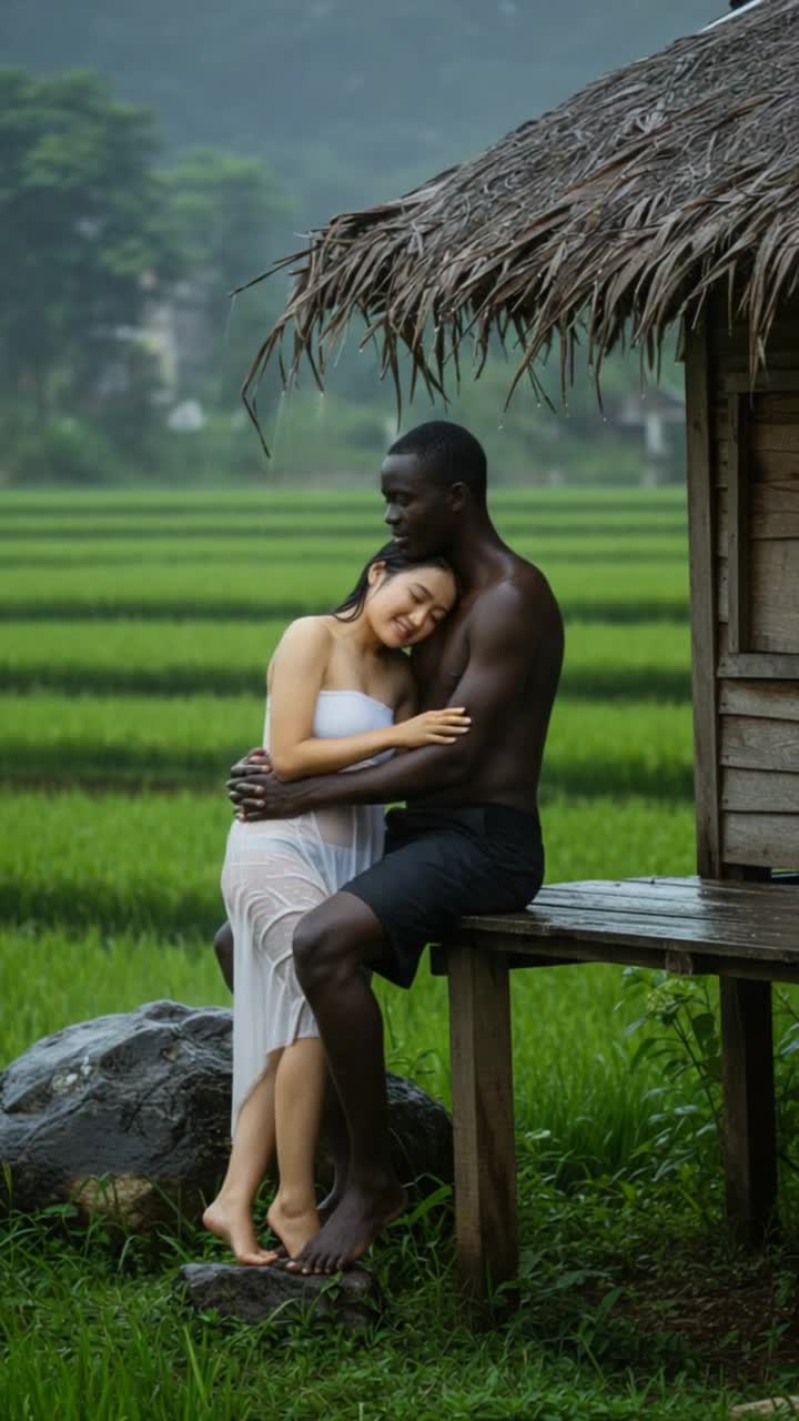 heavy rain, man massages woman gently
