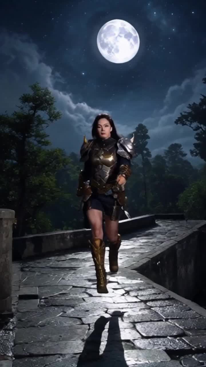 Elegant female samurai warrior cyber armor golden accents flowing hair glistening silver under moonlight leaping gracefully from rooftop Actionfilled descent slicing through the night air Background lush greenery silhouettes against a bright full moon cobblestone path glistening softly bathed in ethereal light tranquil yet mysterious atmosphere