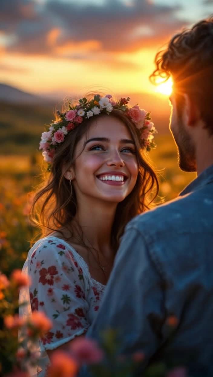 Jessica radiates joy with her bright smile sparkling her eyes reflecting a starry night sky envisioning a future bursting with love and endless adventures entwined with her partner surrounded by vibrant landscapes lush fields blooming flowers and gentle rolling hills under a golden sunset casting warm hues inviting exploration and dream-filled moments together