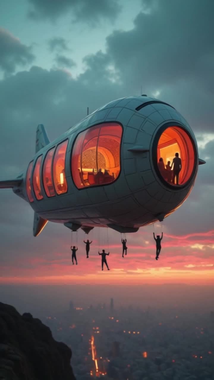 This wonderful Behemoth flying capsule is showing the people inside alive and moving and fully engaged with skydivers underneath its belly about the let go and drop in free fall , Fast moving Dynamic motion drone shot following behind skydivers that are linked underneath this loading ship, once they let go they take a formation of a star, drone camera captures the symmetry as they  rip through the air in the most extreme of sports that puts exhilaration ahead of risk of life, gravity is on full display, artistic camera lens flare in soft green and magenta, sunset is shifting, awardwinning film