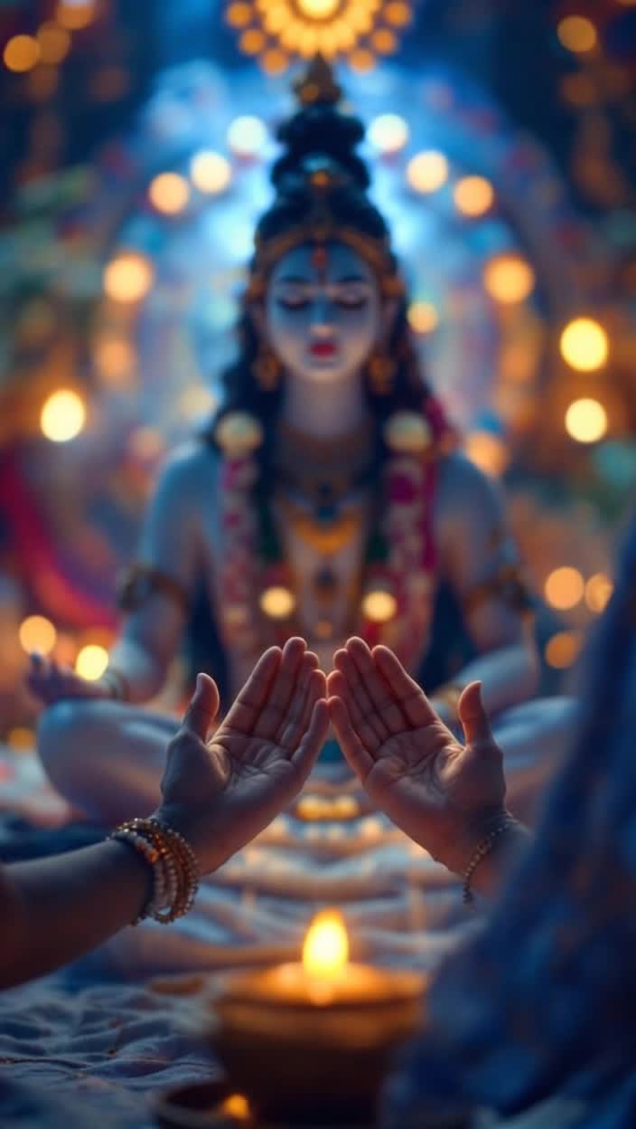 Serene individual seated before radiant Skandamata idol palms gracefully folded in devotion Gentle breath halting thoughts as a tranquil chant of her mantra unfolds Intimate setting adorned with soft
